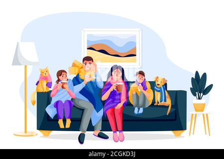 Famiglia ammalata di influenza con animali domestici seduti sul divano in camera. Padre, madre, bambini, gatto e cane ha stagionale freddo infezione respiratoria malattia. Piatto vettoriale Illustrazione Vettoriale