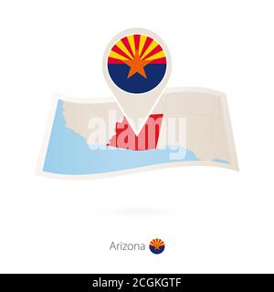 Mappa su carta piegata dello stato degli Stati Uniti dell'Arizona con bandiera dell'Arizona. Illustrazione vettoriale Illustrazione Vettoriale