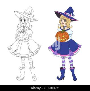 Bella strega cartone animato che tiene la zucca di Halloween. Capelli biondi, abito blu e cappello grande. Illustrazione vettoriale disegnata a mano per libro da colorare. Isolato su Illustrazione Vettoriale