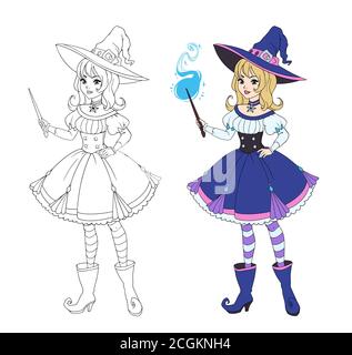 Bella strega anime con bacchetta magica. Capelli biondi, abito blu e cappello grande. Illustrazione vettoriale disegnata a mano per libro da colorare. Isolato su bianco Illustrazione Vettoriale