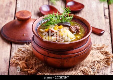 Cucina russa: Zuppa con manzo, funghi forestali e orzo perlato in una pentola di argilla su sfondo di legno d'annata, fuoco selettivo Foto Stock