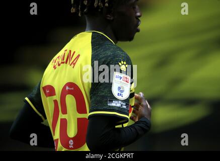 Una visione generale della manica della maglia di Watford Domingos Quina durante la partita del campionato Sky Bet a Vicarage Road, Watford. Foto Stock