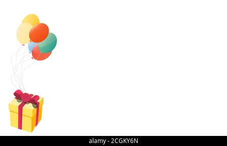 Il regalo vola su palloncini colorati vettore disegno di illustrazione piatta. Celebrazione biglietto d'auguri creativo Illustrazione Vettoriale