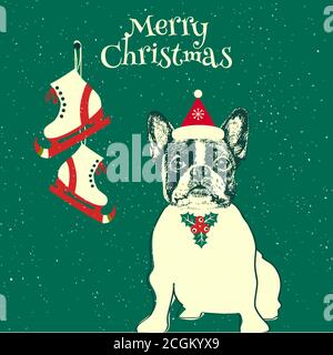 Vettore disegnato a mano di Bulldog francese. Buon Natale card Illustrazione Vettoriale