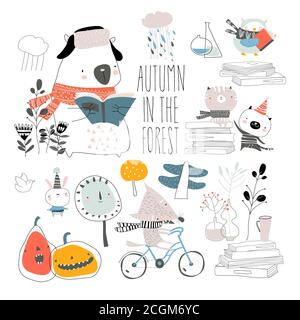 Set di animali carini con elementi autunnali. Ciao autunno Illustrazione Vettoriale