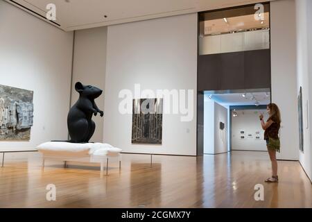 Seattle, Washington, Stati Uniti. 11 agosto 2020 . Un visitatore scatta una foto del "Mann and Maus" di Katharina Fritsch al Seattle Art Museum. Il museo ha riaperto al pubblico dopo la chiusura a marzo per limitare la diffusione del virus COVID-19. Credit: Paul Christian Gordon/Alamy Live News Foto Stock