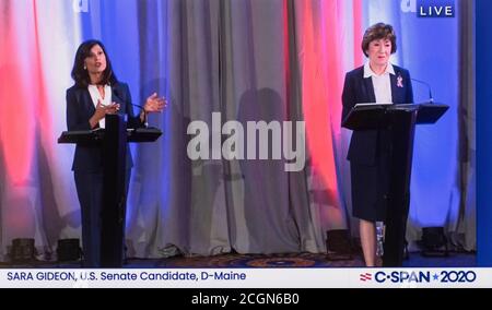 Portland, Maine, Stati Uniti. 11 Settembre 2020. Schermata della copertura C-SPAN del dibattito del Senato degli Stati Uniti del Maine. Il senatore SUSAN COLLINS (R) e il presidente della Camera SARA GIDEON (D) sono i due candidati con il maggior sostegno alle elezioni generali di novembre. Credit: C-Span/ZUMA Wire/Alamy Live News Credit: ZUMA Press, Inc./Alamy Live News Foto Stock