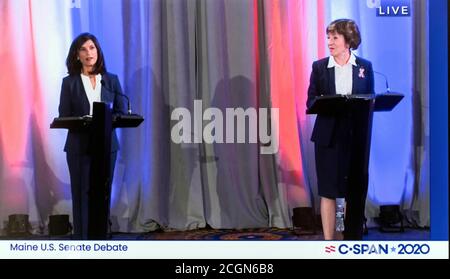 Portland, Maine, Stati Uniti. 11 Settembre 2020. Schermata della copertura C-SPAN del dibattito del Senato degli Stati Uniti del Maine. Il senatore SUSAN COLLINS (R) e il presidente della Camera SARA GIDEON (D) sono i due candidati con il maggior sostegno alle elezioni generali di novembre. Credit: C-Span/ZUMA Wire/Alamy Live News Credit: ZUMA Press, Inc./Alamy Live News Foto Stock