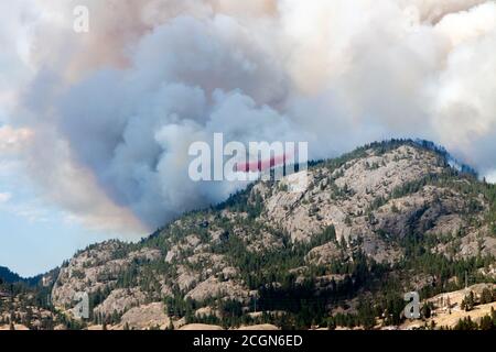 Fumo da fuoco selvatico recentemente iniziato che arriva nei cieli blu, l'aereo antincendio sta cercando di sopprimere il fuoco, Okanagan Valley, B.C., Canada Foto Stock