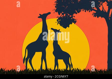 Giraffe e albero fatto di carta d'arte in stile silhouette, arte della carta del tramonto safari. Foto Stock