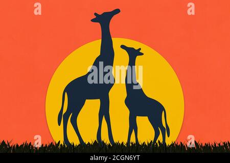 Giraffe fatto di carta d'arte in stile silhouette, arte della carta del tramonto safari. Foto Stock