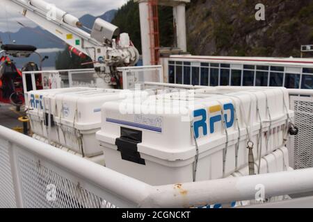 Vancouver, Canada - Luglio 16,2020: Liferafts a bordo del Queen of Oak Bay Ferry a Vancouver Foto Stock