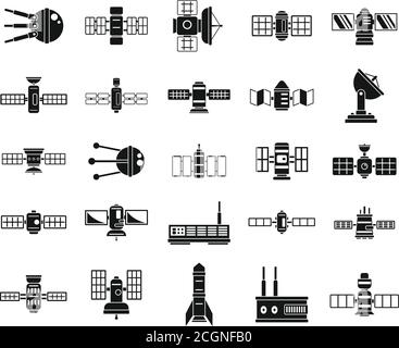 Icone dei satelliti spaziali impostate. Semplice set di icone vettoriali satellitari spaziali per il web design su sfondo bianco Illustrazione Vettoriale