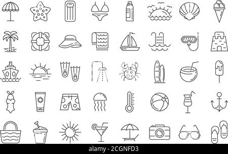 Set di icone sulla spiaggia. Contorno insieme di icone vettoriali spiaggia per il web design isolato su sfondo bianco Illustrazione Vettoriale