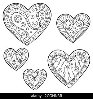 Pattern doodle nero bianco cuore grafico insieme illustrazione vettore Illustrazione Vettoriale
