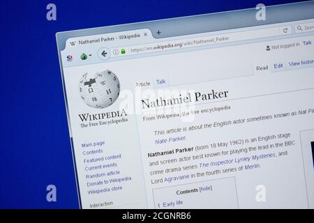 Ryazan, Russia - 09 luglio 2018: Pagina su Wikipedia su Nathaniel Parker Foto Stock