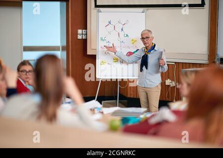 Professore femminile che dà la lezione in un anfiteatro Foto Stock