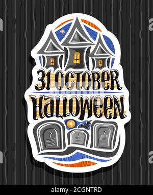 Logo vettoriale per la vacanza di Halloween, badge decorativo bianco con vecchio castello su sfondo cielo blu e lapidi nel cimitero, lettere uniche per per WO Illustrazione Vettoriale