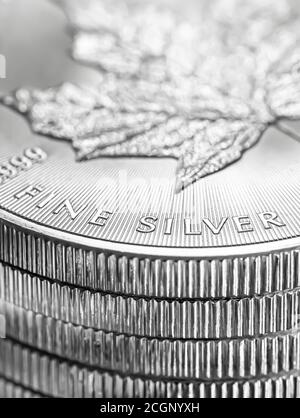 Città del Capo, Sud Africa - 17 agosto 2019: Immagine editoriale illustrativa di una moneta di Bullion 9999 Silver Canadian Maple Leaf Foto Stock