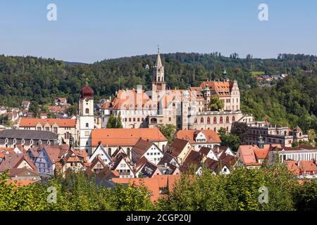 Vista sulla città con il Castello di Sigmaringen, Sigmaringen, l'alta Valle del Danubio, il parco naturale dell'Alto Danubio, l'Alb Svevo, Baden-Wuerttemberg, Germania Foto Stock