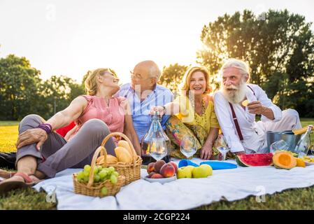 Gruppo di giovani anziani che si divertono all'aperto - quattro pensionati che si legano all'aperto, concetti di stile di vita e anziani Foto Stock