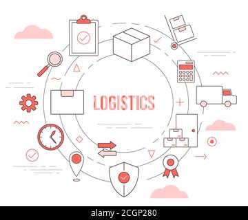 concetto di distribuzione logistica con banner modello set di icone con moderno colore arancione Illustrazione Vettoriale