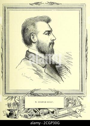 Alexander Graham Bell (3 marzo 1847 – 2 agosto 1922) è stato un inventore, scienziato e ingegnere scozzese, che ha il merito di inventare e brevettare il primo telefono pratico. Ha inoltre co-fondato la American Telephone and Telegraph Company (AT&T) nel 1885. Dal Libro Les merveilles de la science, ou Descrizione populaire des invenzioni modernes [le meraviglie della scienza, o Descrizione popolare delle invenzioni moderne] di Figuier, Louis, 1819-1894 pubblicato a Parigi 1867 Foto Stock