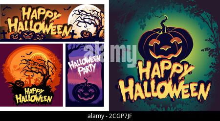 Set di banner promozionali Halloween per copertina pagina social media e banner Web. Promozione sconto marketing concetto. Halloween felice biglietti d'auguri Illustrazione Vettoriale