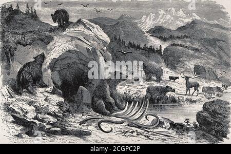 Un paesaggio europeo ideale in epoca quaternaria con orsi, alci e mammut. Incisione in legno di: Eugene Meunier, Eduard Riou Foto Stock
