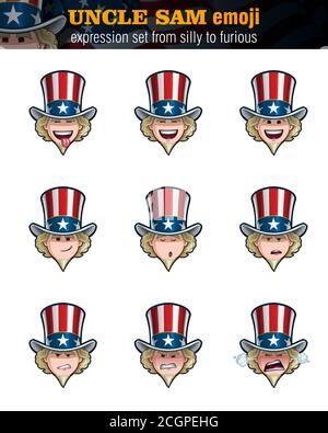 Illustrazioni vettoriali Set di cartone animato zio Sam Emoji. Nove espressioni, sciocco, ridendo, felice, sorridente, predicando, sereno, indivertito, arrabbiato e furioso. Illustrazione Vettoriale