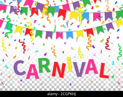 Biglietto d'auguri di Carnevale con bandiere colorate, confetti, nastri e testo su sfondo trasparente. Modello di disegno a colori per il tradizionale carnevale Illustrazione Vettoriale