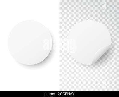 Adesivo circolare bianco su sfondo trasparente e bianco. Adesivi rotondi realistici con bordo piegato. Etichetta di carta. Mockup di note appiccicose. Vettore Illustrazione Vettoriale