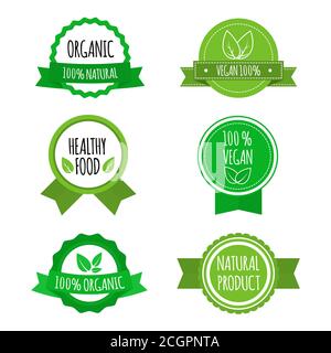 Set di badge, icone, etichette vegane. Loghi biologici e salutari per caffè, ristoranti, confezionamento prodotti. Illustrazione vettoriale Illustrazione Vettoriale