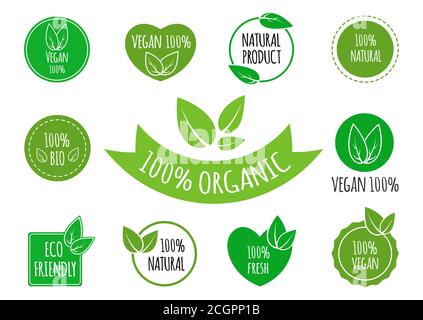 Set di segni alimentari vegani, organici, sani, loghi, icone, etichette. Badge per alimenti sani, set di etichette per caffè, ristoranti, confezioni di prodotti, ecc. Illustrazione Vettoriale
