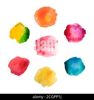 Set di macchie acquerello arcobaleno su sfondo bianco. Collezione di pallini di polka acquerelli. Illustrazione vettoriale Illustrazione Vettoriale