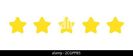 Cinque stelle dorate su sfondo bianco. Feedback sul concetto di prodotto del cliente. Revisione positiva. Clienti soddisfatti. Sistema di valutazione. Vettore Illustrazione Vettoriale