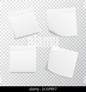 Adesivo quadrato bianco su sfondo trasparente. Adesivi realistici con bordo piegato. Etichette e etichette di carta. Mockup di note appiccicose. Fogli adesivi Illustrazione Vettoriale