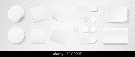 Adesivi bianchi su sfondo trasparente. Adesivo realistico con bordo piegato. Etichette e etichette di carta. Mock-up di carta per appunti appiccicoso. Fogli adesivi Illustrazione Vettoriale