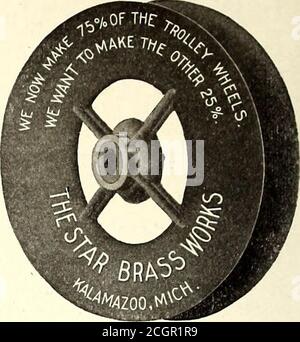 . Giornale ferroviario elettrico . 104 GIORNALE FERROVIARIO ELETTRICO [3 GENNAIO 1914. E' stato veramente detto che la lega che può essere la migliore per l'uso in Trolley Wheel ser-vice può essere ben lungi dall'essere il miglior uso di cuscinetti e questo è il motivo per cui le ruote KALAMAZOOTrolley. Sono così soddisfacenti, i cui cerchi sono realizzati in un metallo morbido ma resistente di lunga durata senza lesioni al filo, e la boccola di metallo portante, una combinazione impossibile in una ruota monomente. REALIZZATO CON LA STELLA OTTONE OPERE Kalamazoo, Mich. DONT BRUCIARE RUOTE IN SLITTE rimuova interamente dal palo utilizzando l'arpa di baionetta, e. Foto Stock