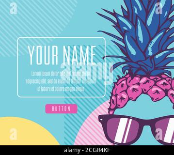 Poster primavera-estate, allegro ananas in occhiali da sole, scritte e colorato design per poster, scheda, invito, banner web. Facile da modificare per il Illustrazione Vettoriale