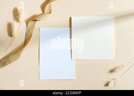 Composizione di saluto da due cartoline di carta mock-up per testo o messaggi decorati nastro e pianta secca su sfondo beige pastello con ombre, Foto Stock