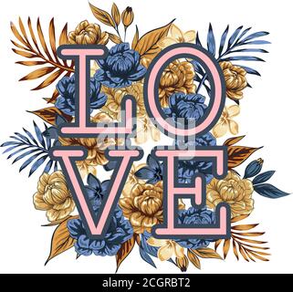 La parola 'amore', fiancheggiata da fiori e foglie. Cartoncino floreale Vector cute modificabile su sfondo bianco. Invito al matrimonio. Giorno di San Valentino saluto ca Illustrazione Vettoriale