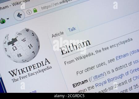 Ryazan, Russia - 09 settembre 2018 - pagina di Wikipedia su Eltham su un display di PC Foto Stock
