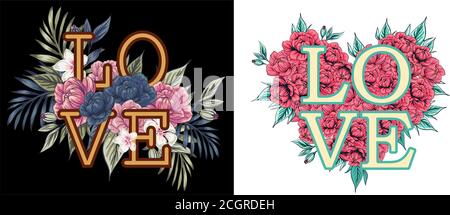 La parola 'amore', fiancheggiata da fiori e foglie. Cartoncino floreale Vector cute modificabile su sfondo bianco. Invito al matrimonio. Giorno di San Valentino saluto ca Illustrazione Vettoriale