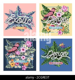 collezione tropicale con fiori esotici e foglie vettoriali design elementi isolati sul bianco, fiori tropicali e palme estate banner grafica posteriore Illustrazione Vettoriale