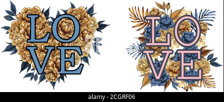 La parola 'amore', fiancheggiata da fiori e foglie. Cartoncino floreale Vector cute modificabile su sfondo bianco. Invito al matrimonio. Giorno di San Valentino saluto ca Illustrazione Vettoriale