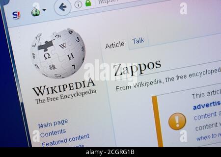 Ryazan, Russia - 09 settembre 2018 - pagina di Wikipedia su Zappos su un display di PC Foto Stock