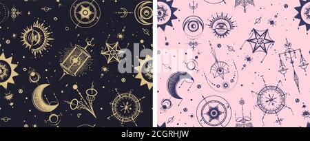 Mistico, magico, sfondo. Religione e occultismo con simboli esoterici e masonici. Manoscritto medievale ispirato. Pattern vettoriale senza giunture in RER Illustrazione Vettoriale