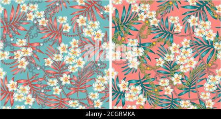 Colore corallo vivo e motivo senza cuciture turchesi con catene, lussuoso ed elegante motivo con splendori fiori tropicali alla moda degli anni '80 e foglie di palma Illustrazione Vettoriale
