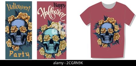 set di design halloween party, teschio in metallo con corona floreale di rose dorate, modello di stampa per t-shirt o poster o cartolina. teschio come decorazione con fiori Illustrazione Vettoriale